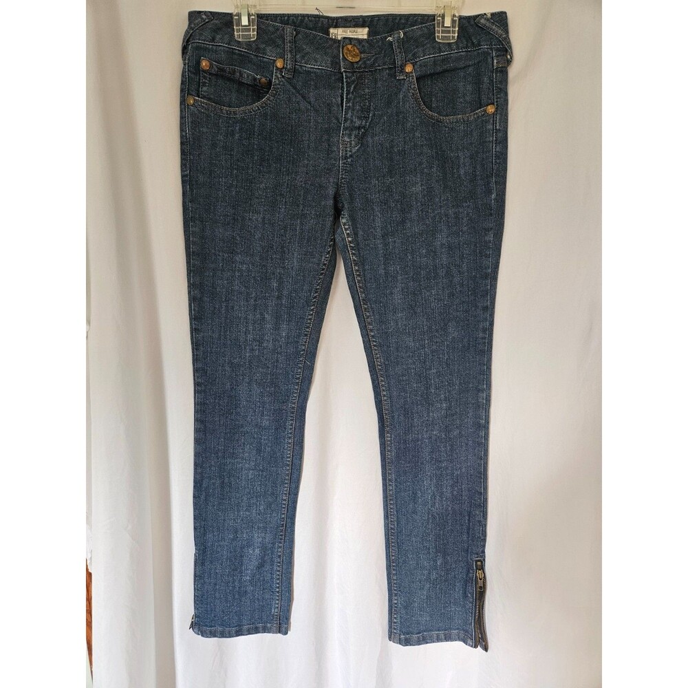 Free People Blue Denim Skinny Low Rise Zip‎ Leg Moto Jeans Women’s W 30